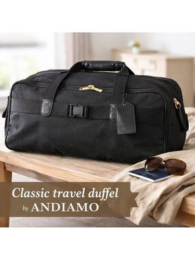 Andiamo Black Nylon Leather Trim Duffel Bag | Weekender Carry On Travel Bag